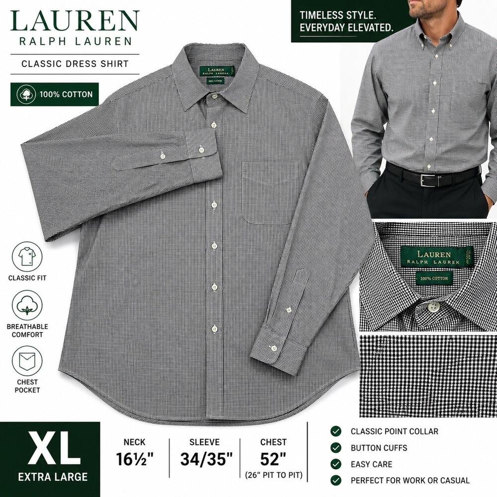 Lauren Ralph Lauren Shirt Men XL Black White Check Cotton Dress 16.5 34/35